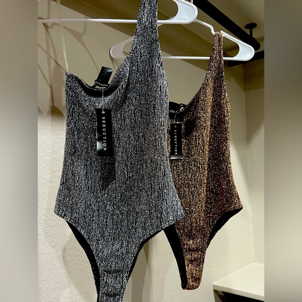 2 for 1. One shoulder shimmering tinsel colored body suit